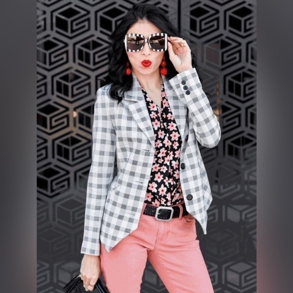CAbi Valentina Blazer Women's 10 Gray Checkered 5292 Stretch Ponte Jacket Career